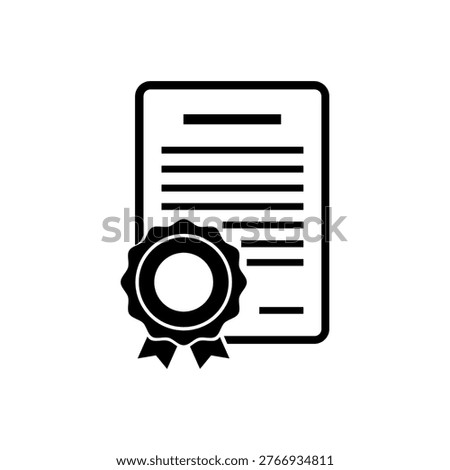 Certificate icon vector with seal of authenticity, black and white document illustration. Flat vector icon for legal contract, license agreement, or official certification. Professional diploma or award certificate icon isolated on white background.