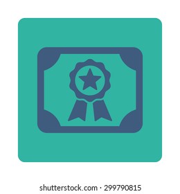 Certificate icon. Vector style is cobalt and cyan colors, flat rounded square button on a white background.
