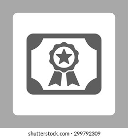Certificate icon. Vector style is dark gray and white colors, flat rounded square button on a silver background.