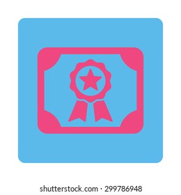 Certificate icon. Vector style is pink and blue colors, flat rounded square button on a white background.