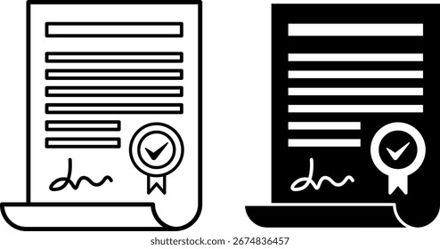 Iconos de certificado. Ilustración vectorial en blanco y negro. Documento oficial con sello que determina la calidad de los bienes y servicios. Concepto de recompensa
