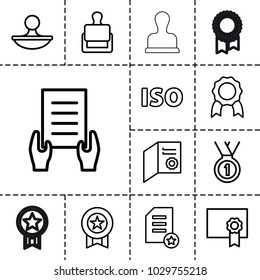 Certificate icons. set of 13 editable outline certificate icons such as stamp, holding document, diploma, medal