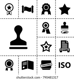 Certificate icons. set of 13 editable filled certificate icons such as star, award, stamp, medal, censored, iso, manuscript, holding document