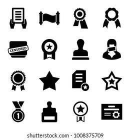 Certificate icons. set of 16 editable filled certificate icons such as stamp, star, award, holding document, medal, censored woman, censored, ribbon, diploma