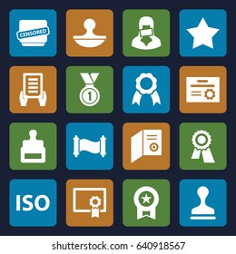 Certificate icons set. set of 16 certificate filled icons such as stamp, star, award, holding document, censored woman, censored, ribbon, iso, medal, diploma