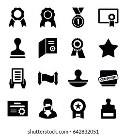 Certificate icons set. set of 16 certificate filled icons such as stamp, star, award, holding document, censored woman, censored, ribbon, medal, diploma