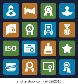 Certificate icons set. set of 16 certificate filled icons such as stamp, star, award, holding document, censored woman, censored, ribbon, iso, medal, diploma
