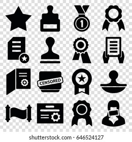 Certificate icons set. set of 16 certificate filled icons such as stamp, star, award, holding document, censored woman, censored, ribbon, medal, manuscript