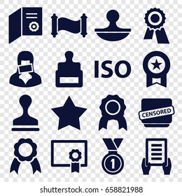 Certificate icons set. set of 16 certificate filled icons such as stamp, star, award, holding document, censored woman, censored, ribbon, iso, medal, diploma