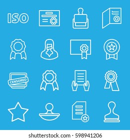 certificate icons set. Set of 16 certificate outline icons such as stamp, Star, award, holding document, censored woman, censored, ribbon, ISO, diploma