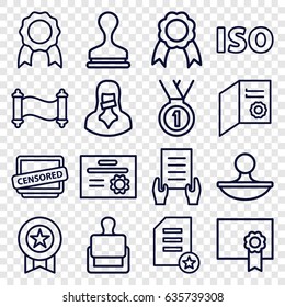 Certificate icons set. set of 16 certificate outline icons such as stamp, holding document, censored woman, censored, ribbon, iso, diploma, manuscript