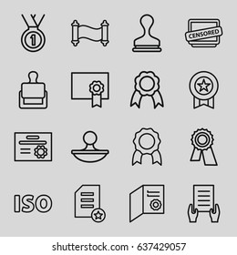 Certificate icons set. set of 16 certificate outline icons such as stamp, award, holding document, censored, ribbon, iso, diploma, manuscript