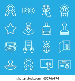 Certificate icons set. set of 16 certificate outline icons such as stamp, star, award, holding document, censored woman, censored, ribbon, iso, diploma