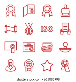Certificate icons set. set of 16 certificate outline icons such as stamp, star, award, holding document, censored woman, censored, ribbon, iso, diploma, manuscript