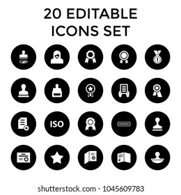 Certificate icons. set of 20 editable filled certificate icons such as stamp, star, award, holding document, diploma, medal. best quality certificate elements in trendy style.