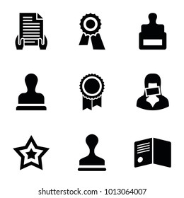 Certificate icons. set of 9 editable filled certificate icons such as stamp, award, censored woman, star, holding document, diploma