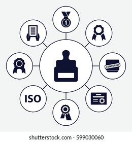 certificate icons set. Set of 9 certificate filled icons such as stamp, award, holding document, censored, ribbon, ISO, medal