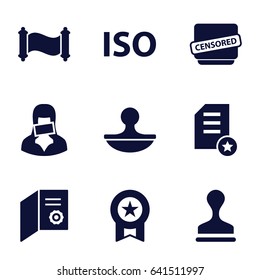 Certificate icons set. set of 9 certificate filled icons such as stamp, censored woman, censored, iso, manuscript, diploma