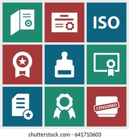 Certificate icons set. set of 9 certificate filled icons such as stamp, censored, ribbon, iso, diploma