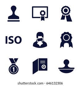 Certificate icons set. set of 9 certificate filled icons such as award, stamp, censored woman, iso, medal