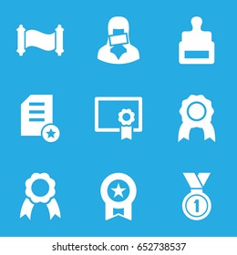 Certificate icons set. set of 9 certificate filled icons such as stamp, censored woman, ribbon, medal, diploma