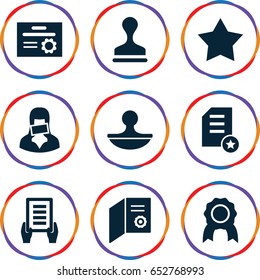 Certificate icons set. set of 9 certificate filled icons such as star, holding document, stamp, censored woman, diploma