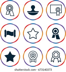 Certificate icons set. set of 9 certificate filled and outline icons such as star, award, stamp, manuscript, ribbon, diploma