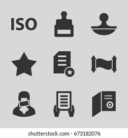 Certificate icons set. set of 9 certificate filled icons such as stamp, star, holding document, censored woman, iso, manuscript