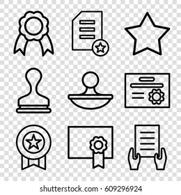 Certificate icons set. set of 9 certificate outline icons such as Star, holding document, stamp, ribbon, diploma