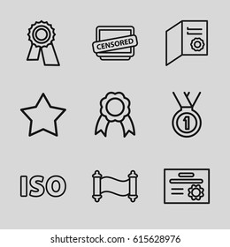 Certificate icons set. set of 9 certificate outline icons such as Star, award, censored, ribbon, ISO, manuscript, medal