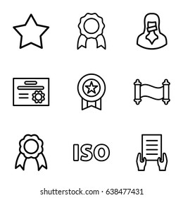 Certificate icons set. set of 9 certificate outline icons such as star, holding document, censored woman, ribbon, iso, manuscript, medal