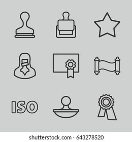 Certificate icons set. set of 9 certificate outline icons such as stamp, star, award, censored woman, iso, diploma