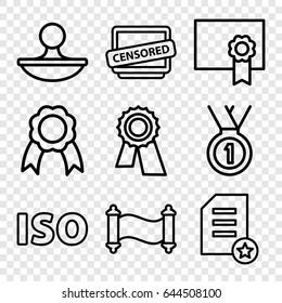 Certificate icons set. set of 9 certificate outline icons such as award, censored, stamp, ribbon, iso, diploma, manuscript