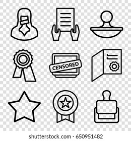 Certificate icons set. set of 9 certificate outline icons such as stamp, star, award, holding document, censored woman, censored, diploma