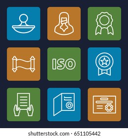 Certificate icons set. set of 9 certificate outline icons such as holding document, censored woman, stamp, iso, manuscript, diploma