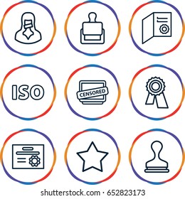 Certificate icons set. set of 9 certificate outline icons such as stamp, star, award, censored woman, censored, iso