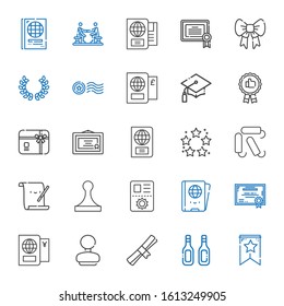 certificate icons set. Collection of certificate with banner, additives, degree, rubber stamp, passport, stamp, parchment, tampon, best. Editable and scalable certificate icons.