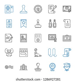 certificate icons set. Collection of certificate with graduate, recommended, stamp, university, degree, tampon, seal, ribbon, diploma. Editable and scalable certificate icons.