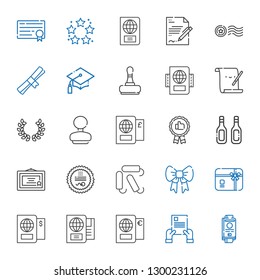 certificate icons set. Collection of certificate with passport, contract, gift card, ribbon, tampon, stamp, diploma, additives, recommended. Editable and scalable certificate icons.