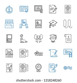 certificate icons set. Collection of certificate with stamp, contract, recommended, passport, parchment, voucher, graduate, ribbon, seal. Editable and scalable certificate icons.