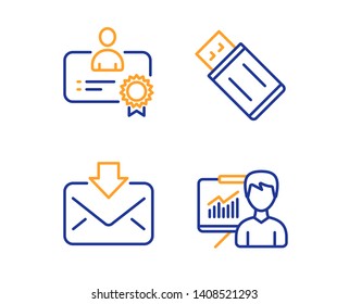 Certificate, Incoming mail and Usb flash icons simple set. Presentation sign. Best employee, Download message, Memory stick. Education board. Education set. Linear certificate icon. Vector