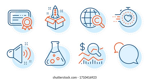 Certificate, International Ð¡opyright and Chemistry lab signs. Startup, Messenger and Loud sound line icons set. Check investment, Timer symbols. Innovation, Speech bubble. Education set. Vector