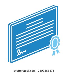 Certificate isometric 3D dual tone icon, mini illustration. use for modern concept, print, UI, UX kit, web and app development. Vector EPS 10, related to learning and education, science
