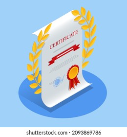 Certificate isometric. Certificate template of achievement border template with badge for award, business, and education needs