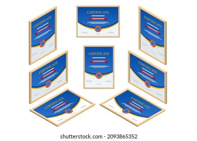 Certificate isometric view straight, left, right, top. Certificate template of achievement border template with badge for award, business, and education needs svg