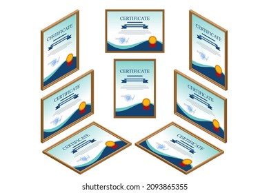 Certificate isometric view straight, left, right, top. Certificate template of achievement border template with badge for award, business, and education needs