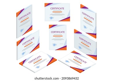 Certificate isometric view straight, left, right, top. Certificate template of achievement border template with badge for award, business, and education needs