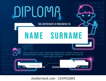 Certificate kids coding diploma, kindergarten template layout neon light technology vector.