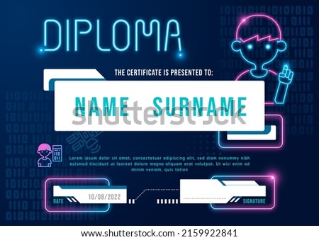 Certificate kids coding diploma, kindergarten template layout neon light technology vector.