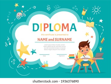 Certificate kids diploma for kindergarten or Elementary Preschool with a cute boy sitting at the table and making the homework on background with hand-drawn elements. Vector cartoon flat illustration